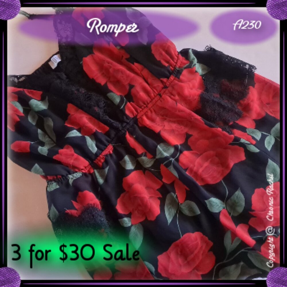 Red & Black Floral Lace Romper